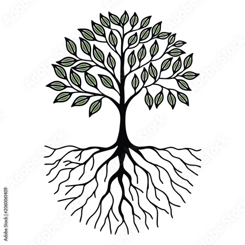 vector illustration tree of life. featuring a dense canopy of vibrant green leaves, intricate black branches, and a well-developed root system.
