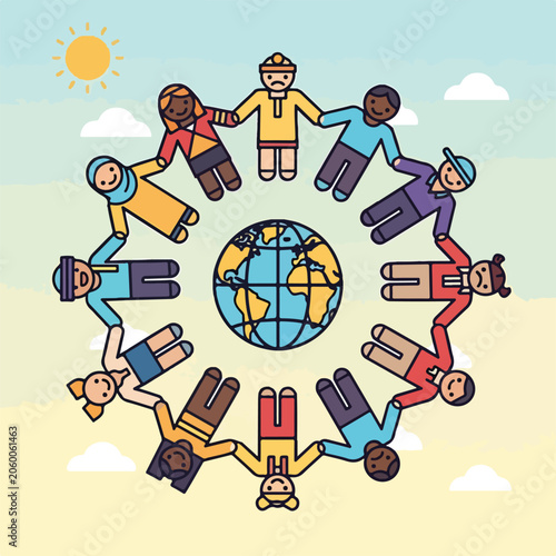 Diverse group of smiling people holding hands around the globe