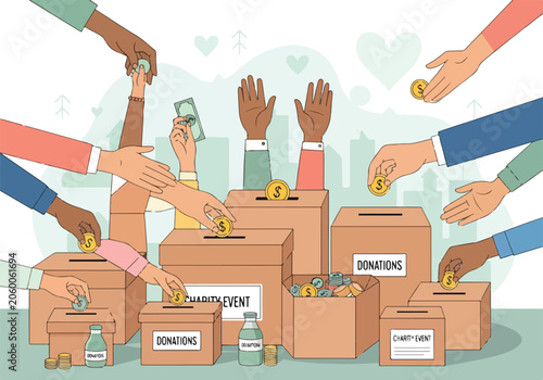 Quadro em tela Diverse hands donating money into labeled charity boxes
