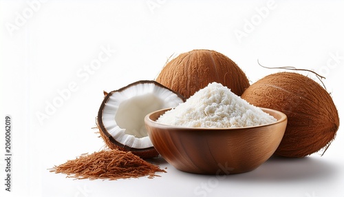 Close Up Of Desiccated Coconut Powder In Wooden Bowl With Whole Coconuts And Shredded Coconut Isolated On White Background With Copy Space