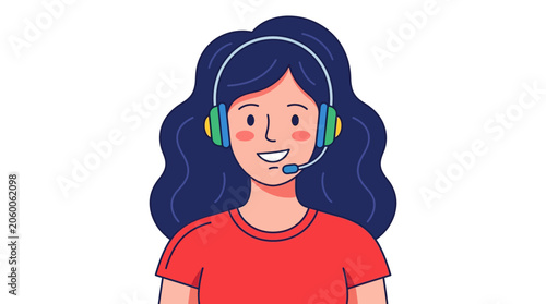 Cartoon illustration of smiling woman wearing headset