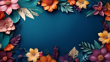 floral frame with colorful flowers and leaves on dark blue background flat border with empty space for text perfect for cards invitations banners posters wedding and spring design