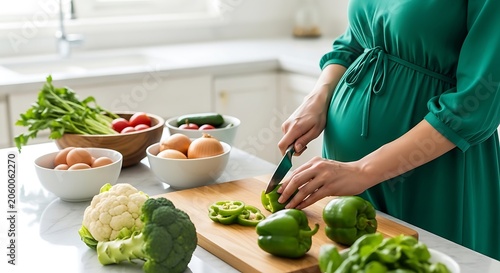 Pregnant woman chopping green bell peppers in kitchen