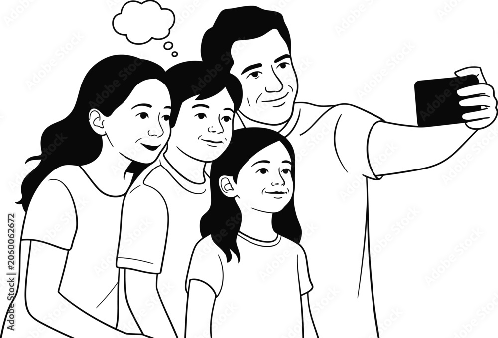 Obraz premium Group selfie illustration vector showing people posing together with smartphone and expressive thought bubble in modern line art