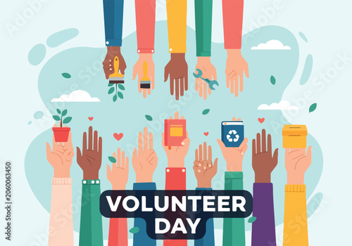 Diverse hands holding objects for volunteer day