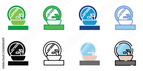 Bathroom Sink Mirror Icon Set Collection, Wash Basin and Faucet Vector Symbols, Restroom Vanity Line and Filled Icons for Hygiene, Interior Design, Sanitation, Plumbing and UI Applications