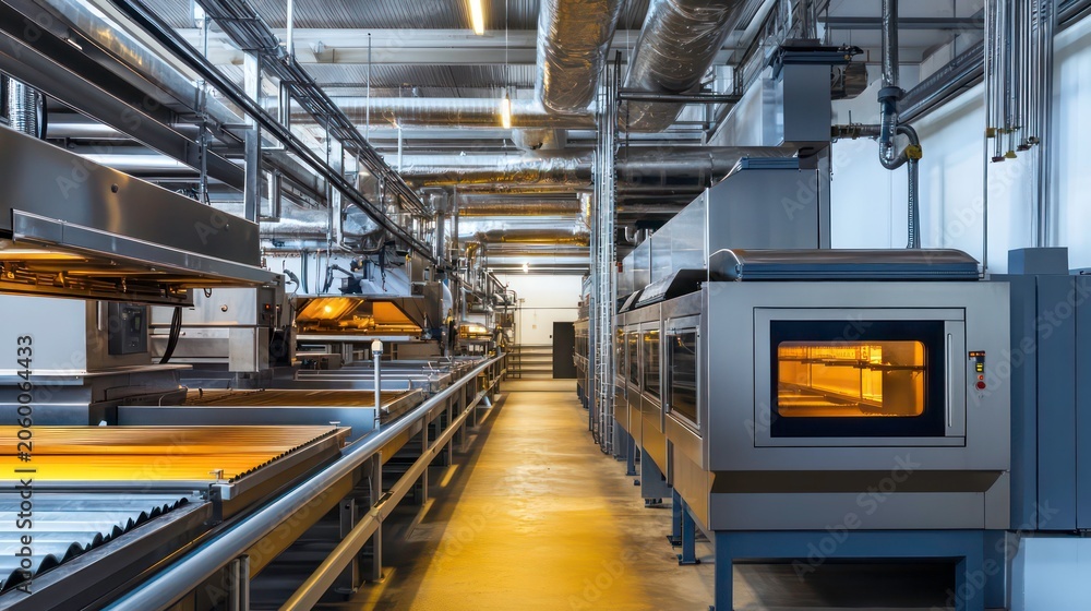 Obraz premium A factory setting with large industrial ovens and cooling systems used in the food processing industry