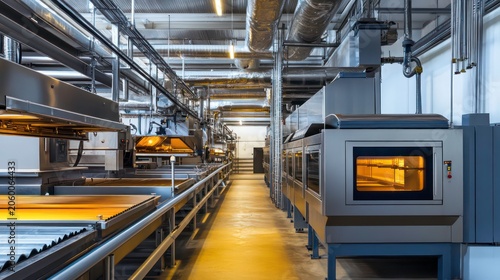 A factory setting with large industrial ovens and cooling systems used in the food processing industry
