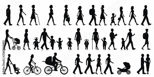Bild auf Leinwand People silhouettes walking pushing strollers and cycling vector illustration