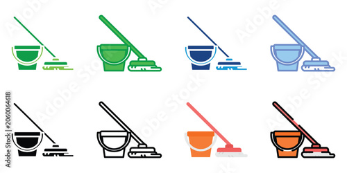 Cleaning Mop and Bucket Icon Set Vector Illustration, Housekeeping Equipment Symbols Collection, Floor Cleaning Service Line and Flat Design Icons