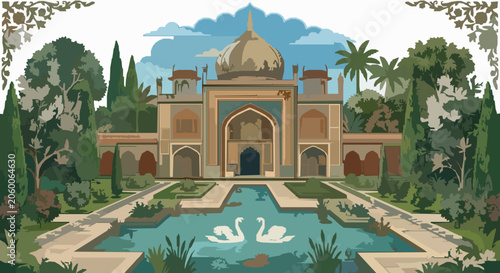 Foto Mughal architecture illustration with swans in formal garden