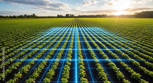 Green agricultural field with glowing digital grid overlay at sunrise