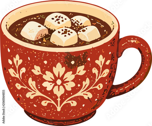 Cozy red mug filled with hot chocolate and marshmallows on a festive day