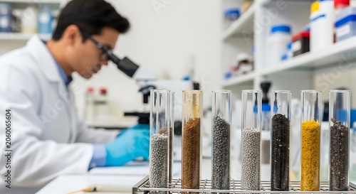 Scientist examining different soil samples in laboratory test tubes