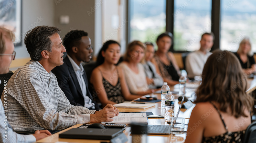 Obraz premium Space medicine ethics roundtable where multicultural panel of physicians ethicists and mission planners seated in arc formation discuss long duration isolation protocols and