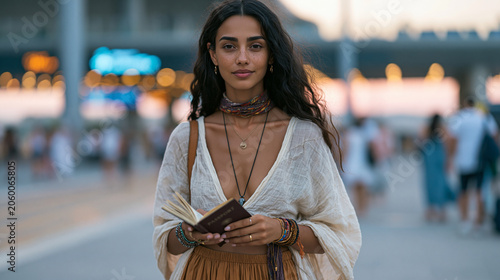Young woman of mixed heritage stands at a crossroads in a cosmopolitan transit hub, passport open, multiple cultural tokens visible in her layered accessories, expression carrying