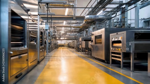 A factory setting with large industrial ovens and cooling systems used in the food processing industry