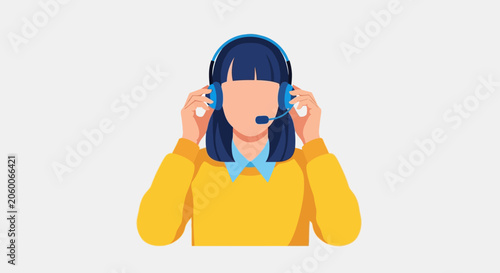Cartoon woman wearing blue headset and yellow sweater