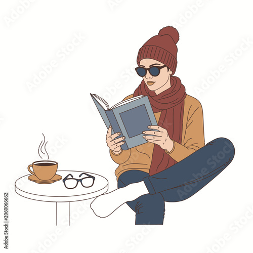Stylish woman relaxing with book and coffee in cozy indoor setting