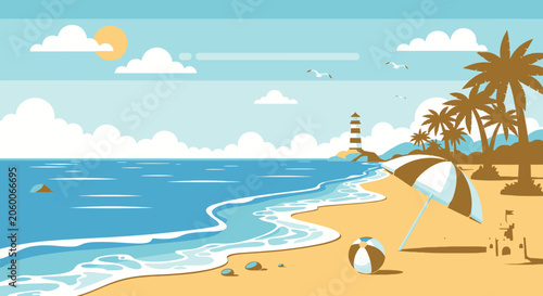 Tropical beach vacation scene with palm trees and calm ocean waves