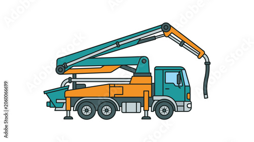 Teal and orange articulated boom lift truck construction vehicle isolated on white background