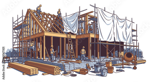 Workers constructing wooden house frame on scaffolding at building site