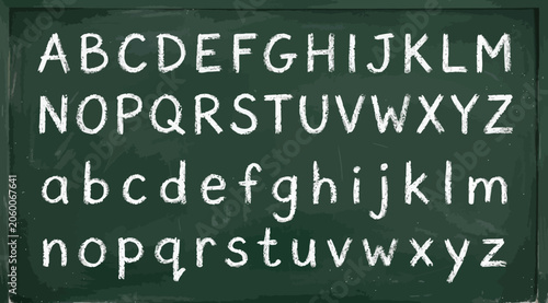 Schilderij op canvas Handwritten style alphabet set with uppercase and lowercase letters on a green c