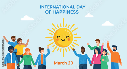 Diverse joyful people celebrate International Day of Happiness