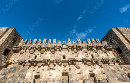 Interior wide-angle view of the well-preserved ancient Roman Theater of Aspendos in Antalya, Turkey.