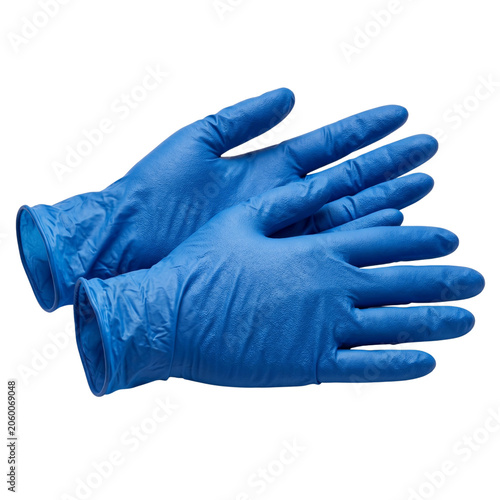 Pair of blue disposable nitrile medical gloves on a black background
