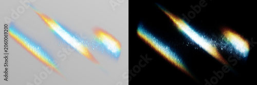 Transparent png of prism light effect overlay with blue and radiant rainbow colors creating glowing holographic flare and optical refraction design for digital abstract backgrounds crystal glow neon