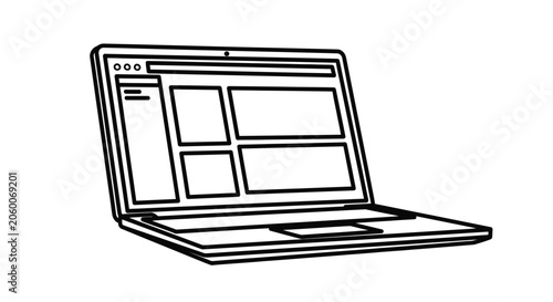 Hand drawn outline illustration of a laptop computer with website layout on screen