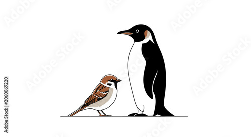 Illustrated penguin and sparrow dialogue in minimalist line art style on white background