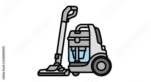 Modern canister vacuum cleaner with transparent dust compartment on white background
