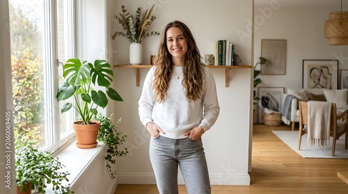 Young woman with long wavy hair standing in a bright living room, smiling at the camera, wearing a white sweatshirt and grey jeans, indoor lifestyle portrait