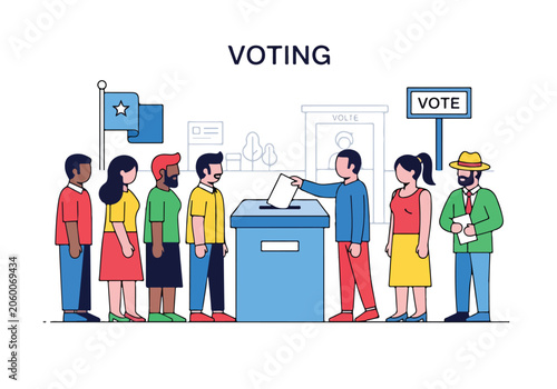 Diverse people line up to vote in an election