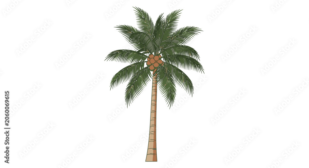 Fototapeta premium Single coconut palm tree with brown trunk and green fronds on white background
