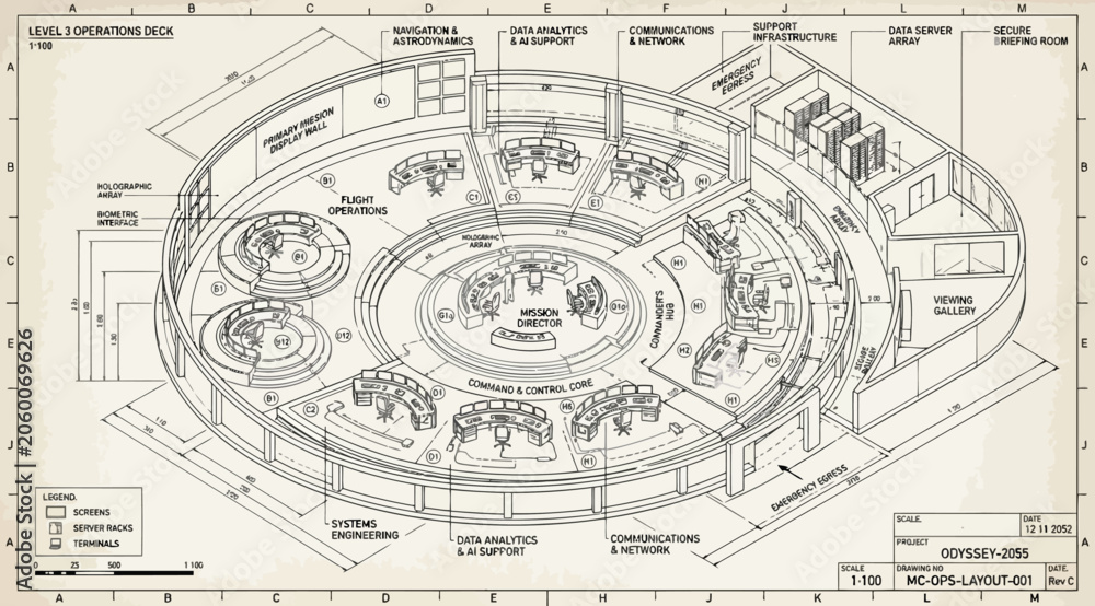 Obraz premium Isometric technical floor plan of a circular control room