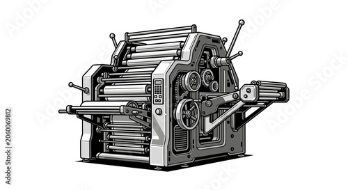 Vintage industrial printing press machinery with mechanical rollers and detailed metal components