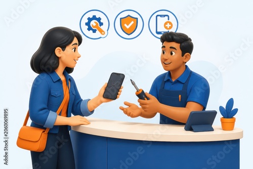 Customer support service desk with woman and technician discussing mobile phone repair