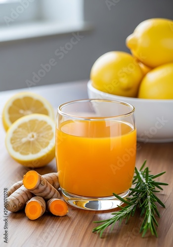Glass of orange turmeric juice with fresh lemons and turmeric roots on table