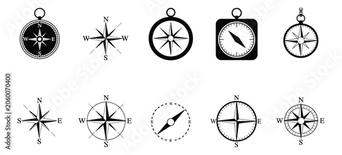 Bild auf Leinwand Compass icon vector set featuring various wind rose designs in black silhouette style, symbolizing navigation, direction finding, travel exploration, and guidance tools