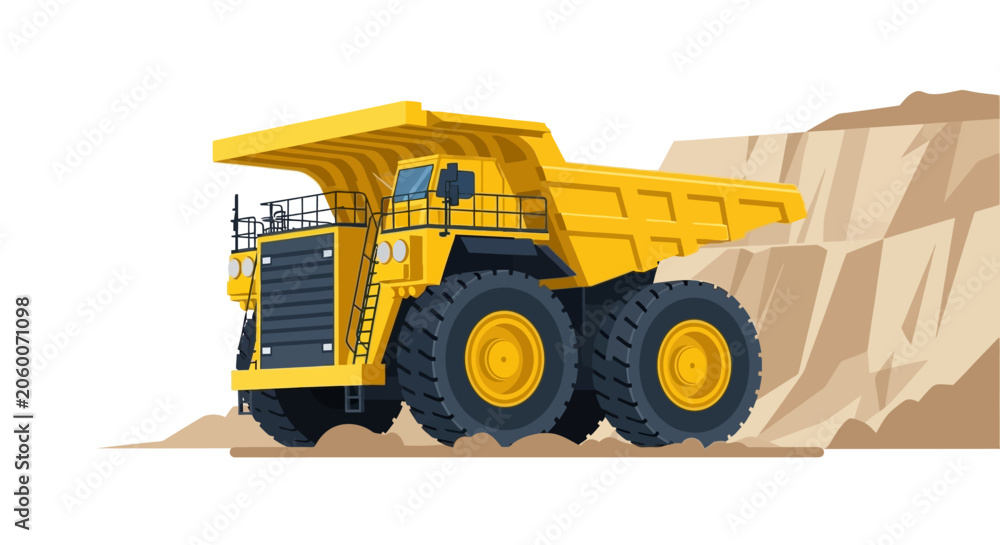 Fototapeta premium Yellow Mining Haul Truck Illustration in an Open Pit Quarry, Heavy Industrial Equipment for Construction and Mining Industry