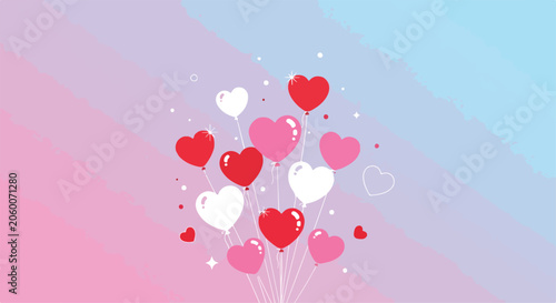 A bunch of heart-shaped balloons floating