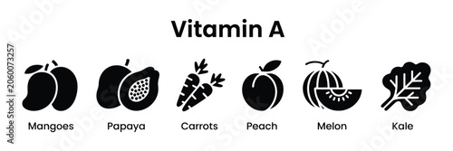 Schilderij op canvas Vitamin A infographic set with black silhouette fruit and vegetable icons including mangoes, papaya, carrots, peach, melon, and kale for dietary education