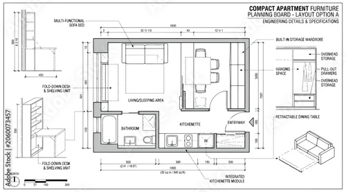 Bild auf Leinwand Furniture planning board for a compact apartment with spacesaving engineering de