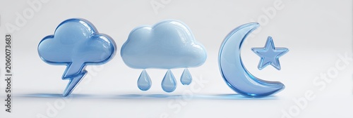 Three Dimensional Weather Icons - Lightning Cloud, Rainy Cloud, and Moon with Star.