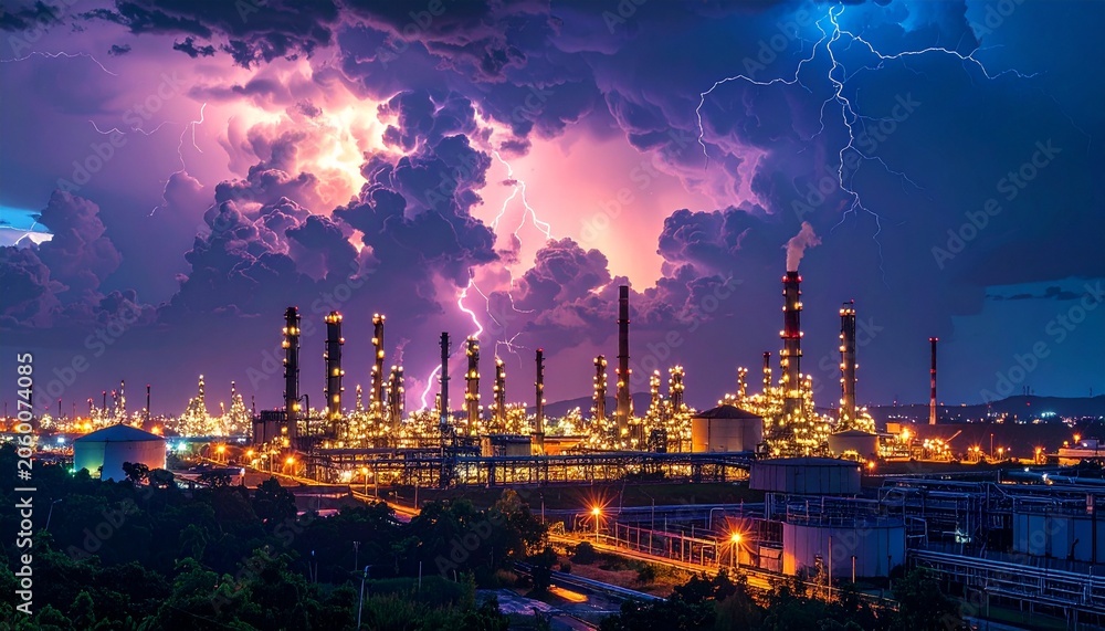 Fototapeta premium Industrial Oil Refinery at Night with Stormy Sky.