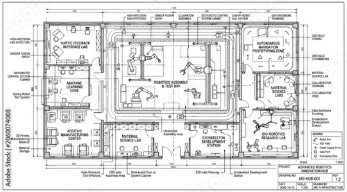 Detailed floor plan of an advanced robotics innovation lab with specialized research zones