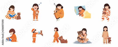 Tableau sur toile Cute Little Girl in Striped Pajamas Bedtime Routine and Teddy Bear Illustration